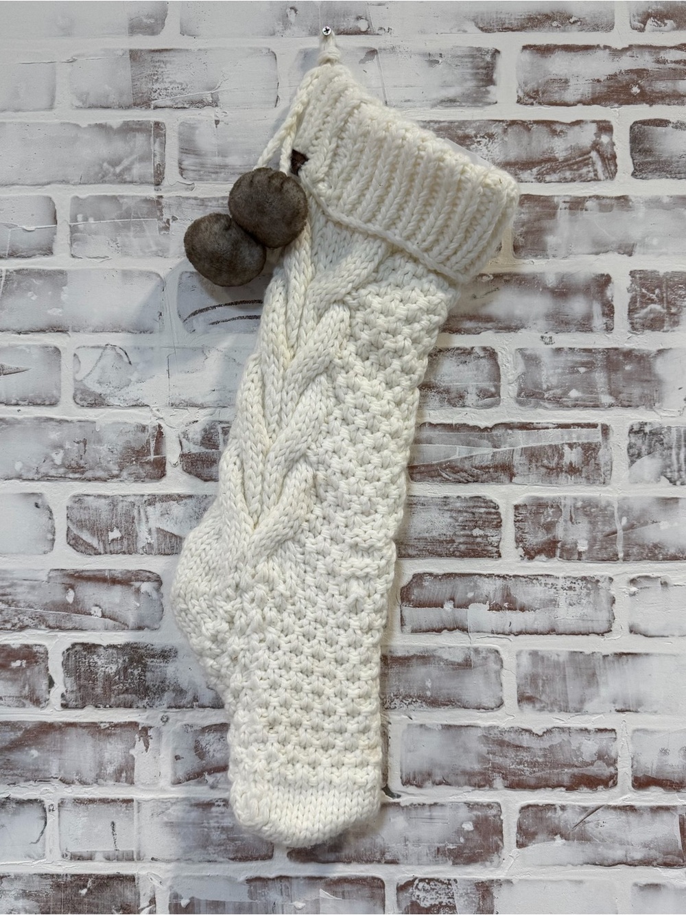 UGG ivory Cable Knit Holiday Stocking with Gray Pom-Poms